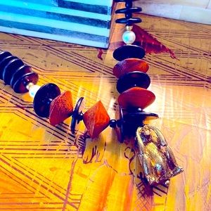 Really cool SEE NO EVIL BRASS FETISH MONKEY necklace with pearls and wood beads